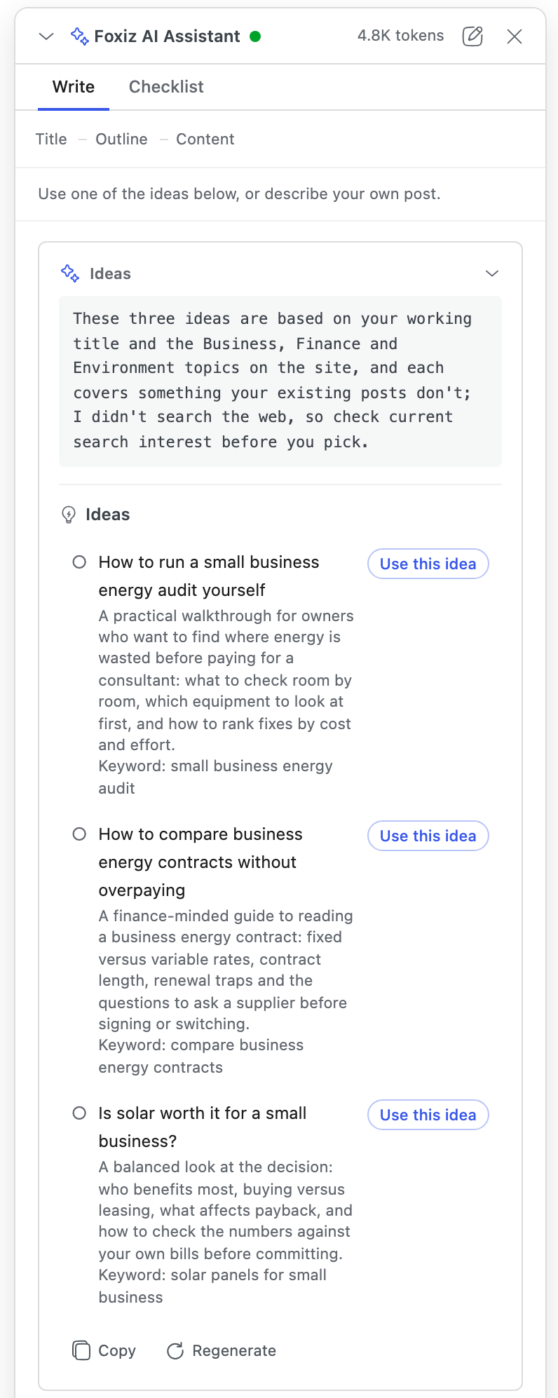 The Foxiz AI Assistant after Get ideas: the steps Title, Outline, Content across the top and an Ideas card with the AI's note and three ideas, each with a description, a keyword and Use this idea, then Copy and Regenerate