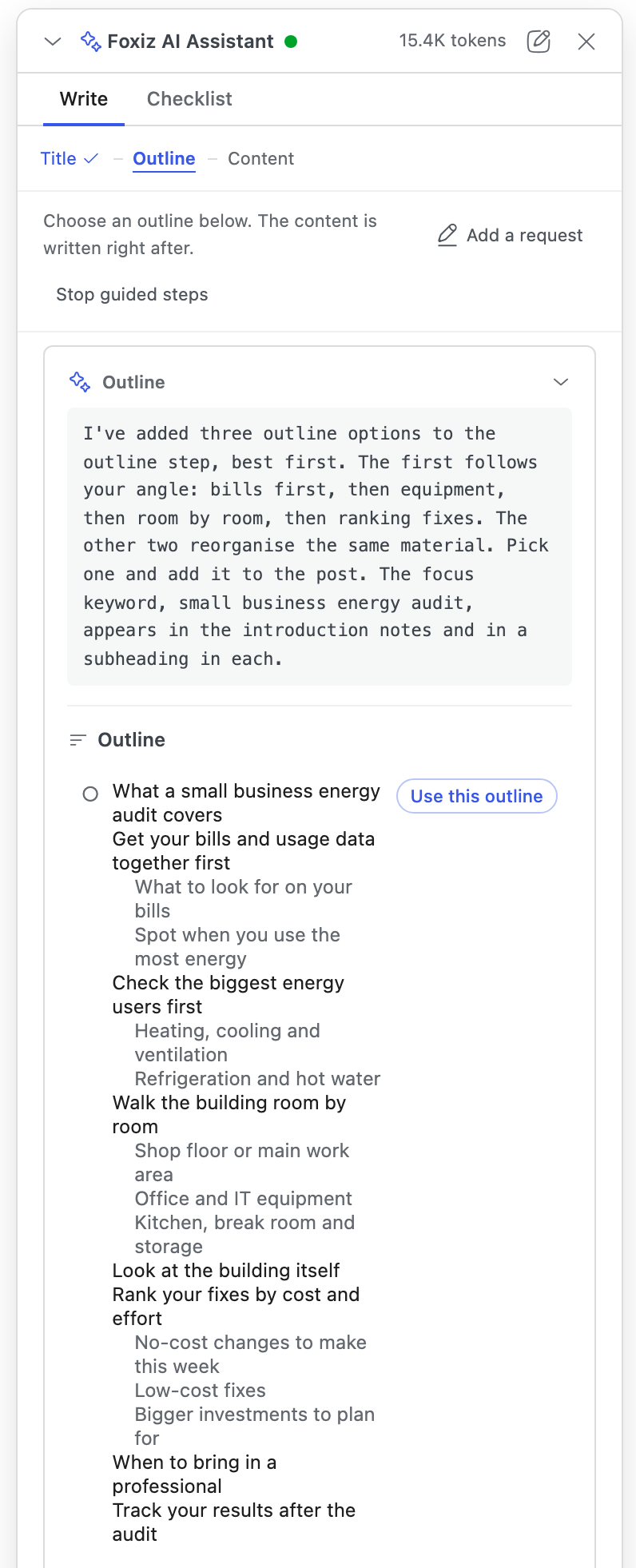 The Outline step: the line Choose an outline below. The content is written right after., the AI's note, and the first outline option's headings with Use this outline