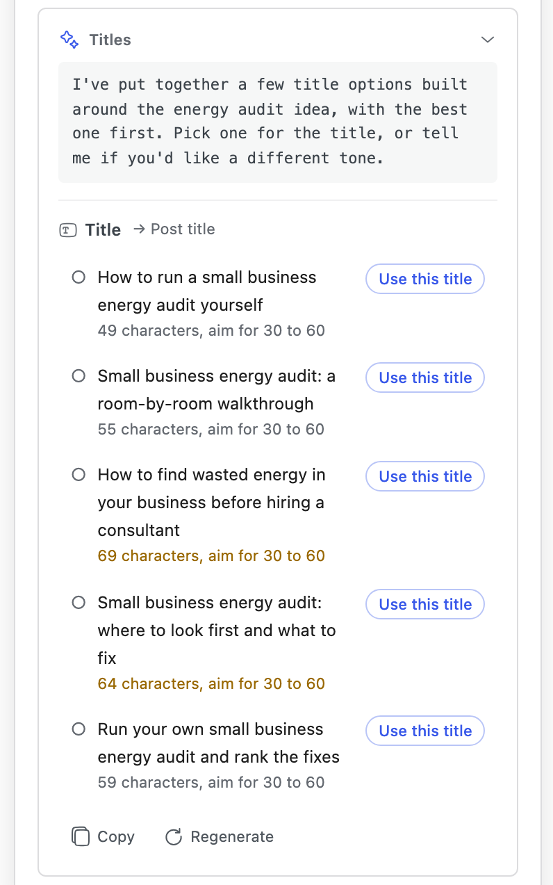 The Titles card: the AI's note and five titles, each with its character count and Use this title, then Copy and Regenerate