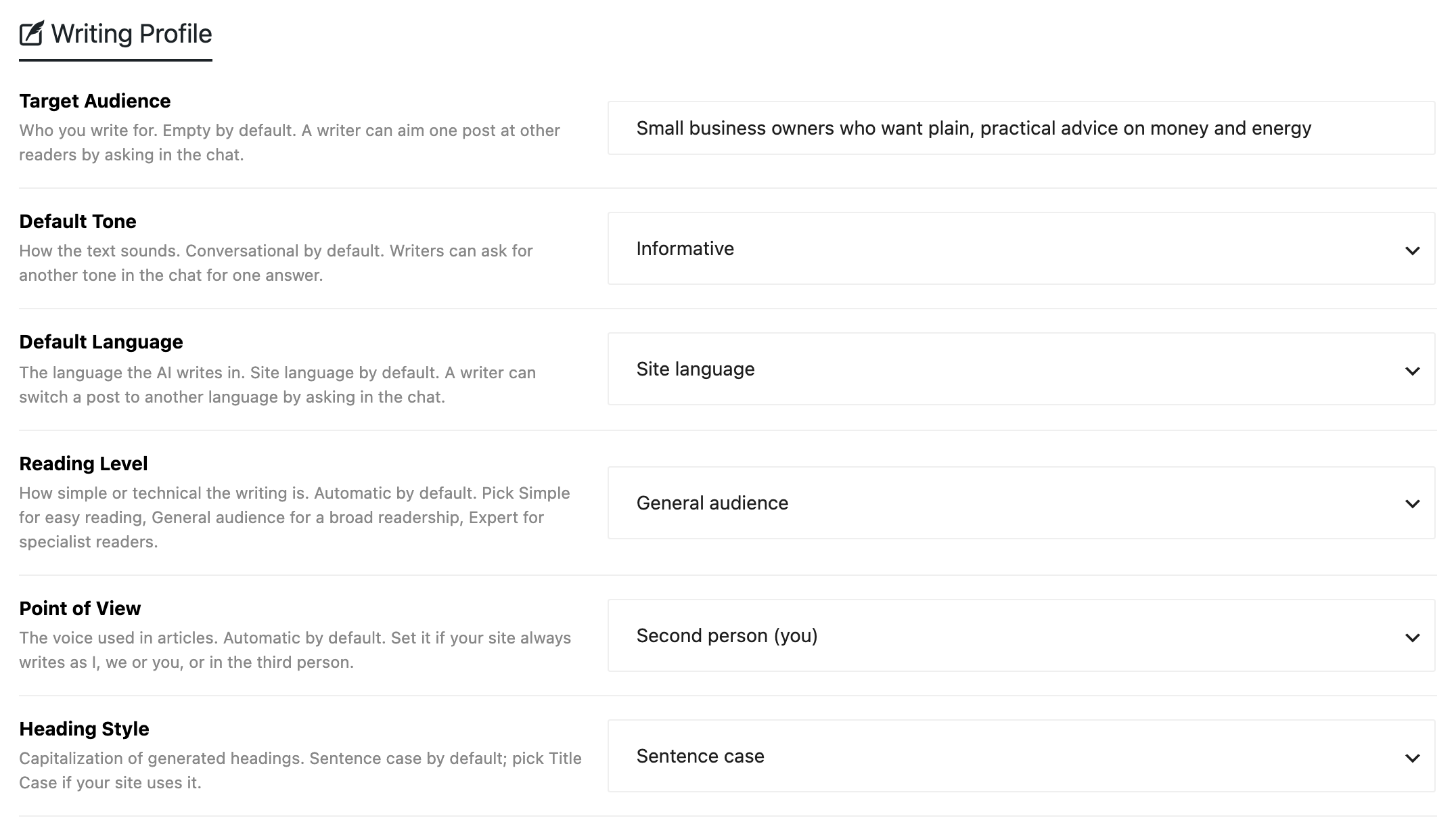 Foxiz > AI Assistant, Writing Profile filled in: Target Audience for small business owners, Default Tone Informative, Default Language Site language, Reading Level General audience, Point of View Second person (you), Heading Style Sentence case