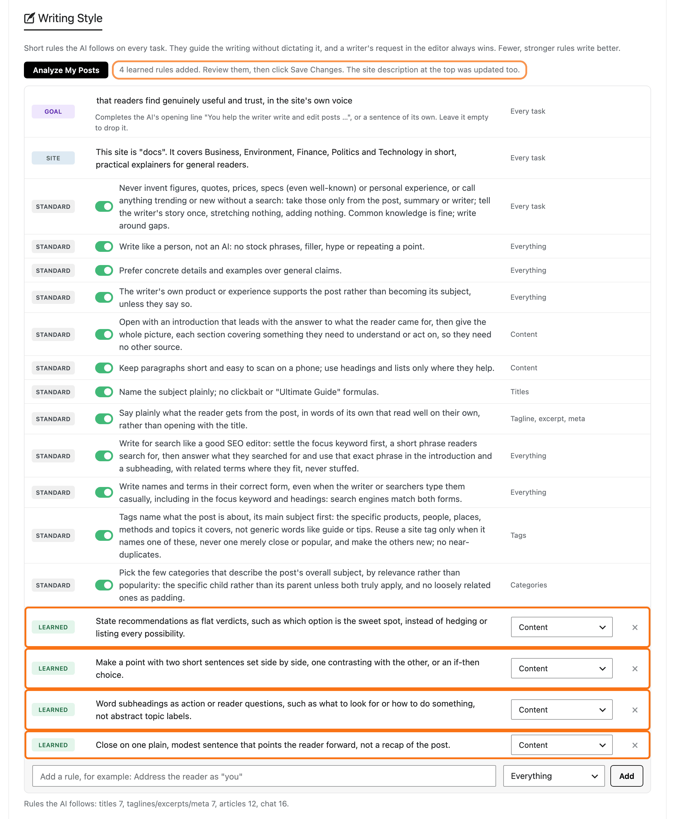 The Writing Style section after Analyze My Posts with a provider connected: the message 4 learned rules added. Review them, then click Save Changes., the Site row rewritten from the posts, and four new rules marked Learned at the end of the list, each with what it applies to, all outlined