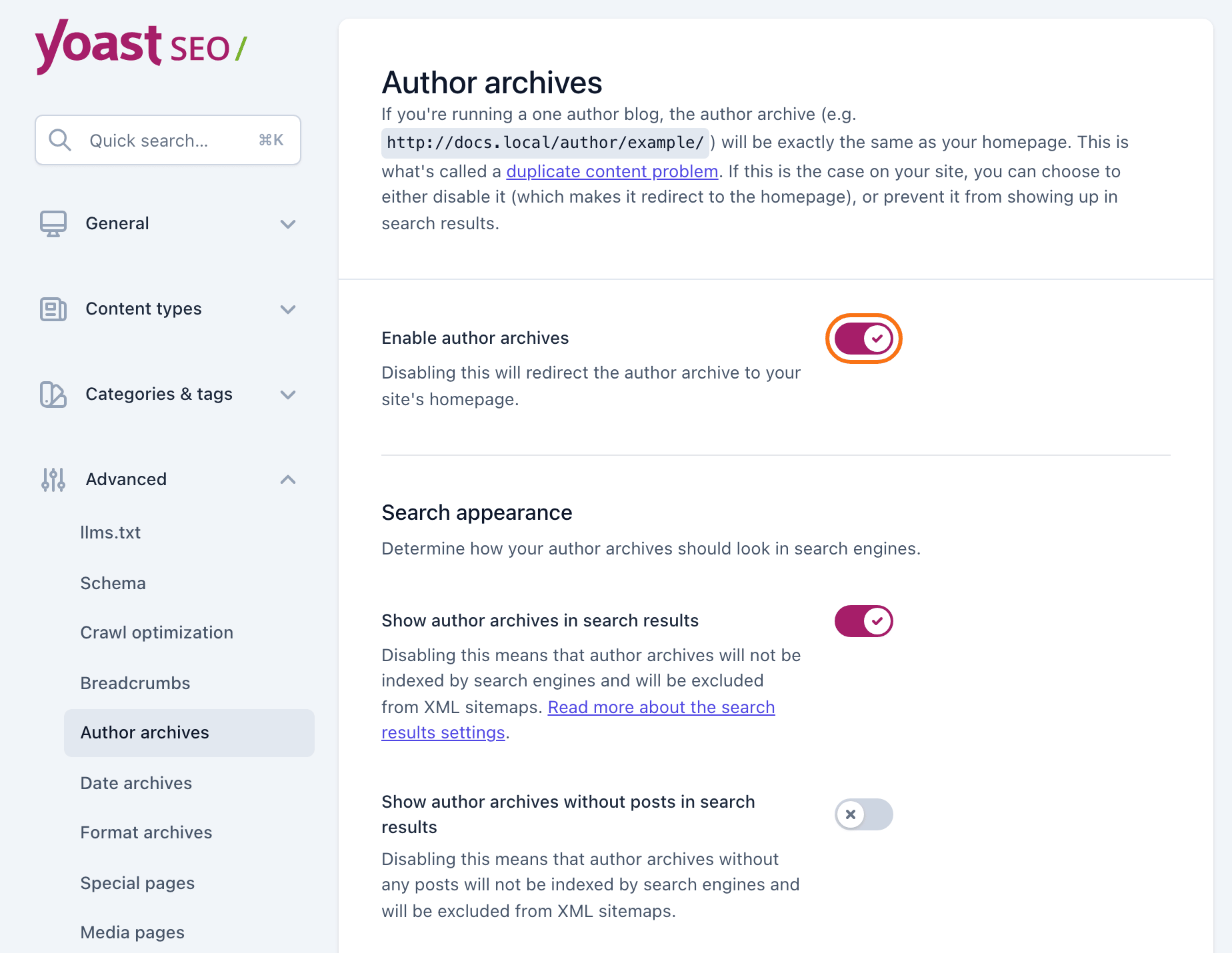 Yoast SEO > Settings > Advanced > Author archives, with Enable author archives switched on, outlined in orange.