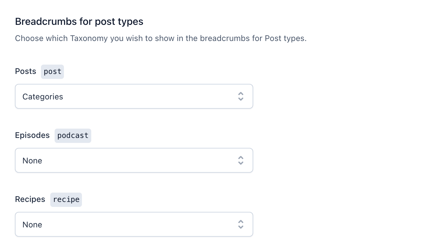 Breadcrumbs for post types with Posts set to Categories