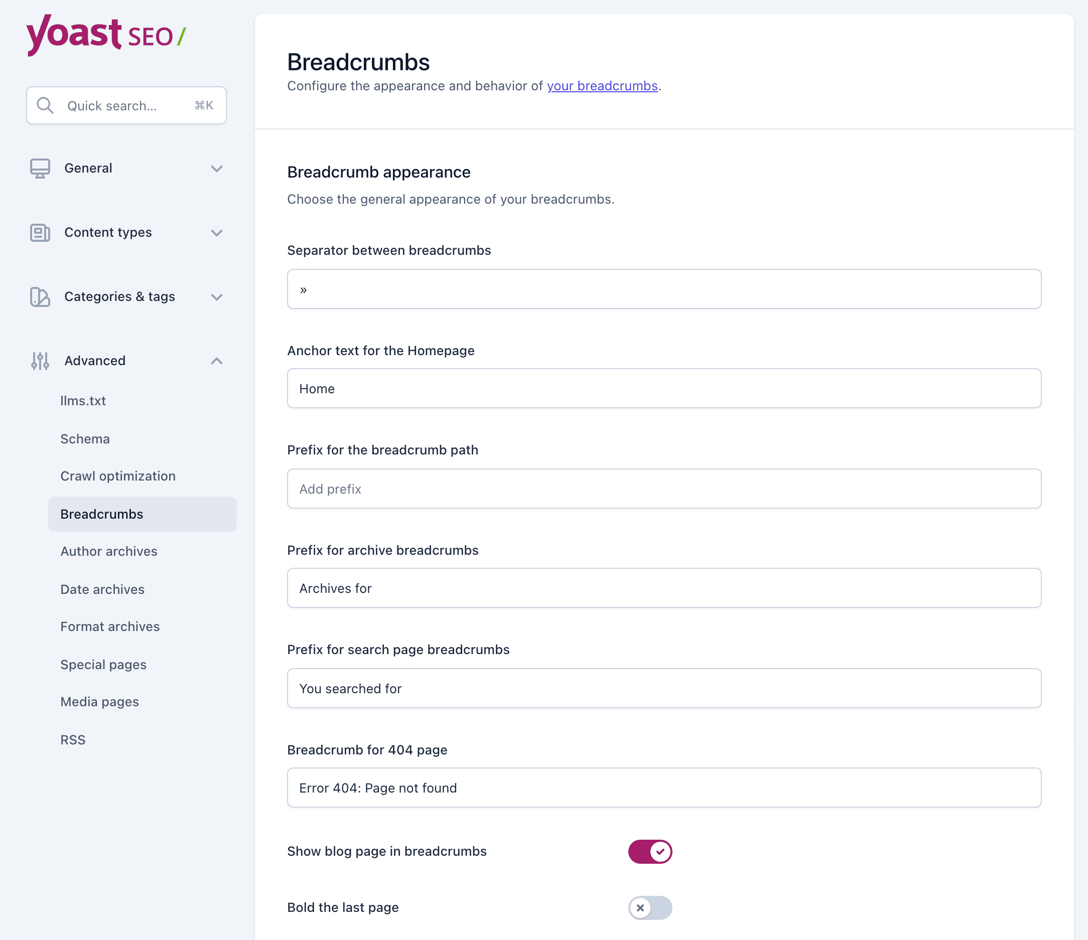 Yoast SEO > Settings with Advanced > Breadcrumbs open, showing the Breadcrumb appearance fields