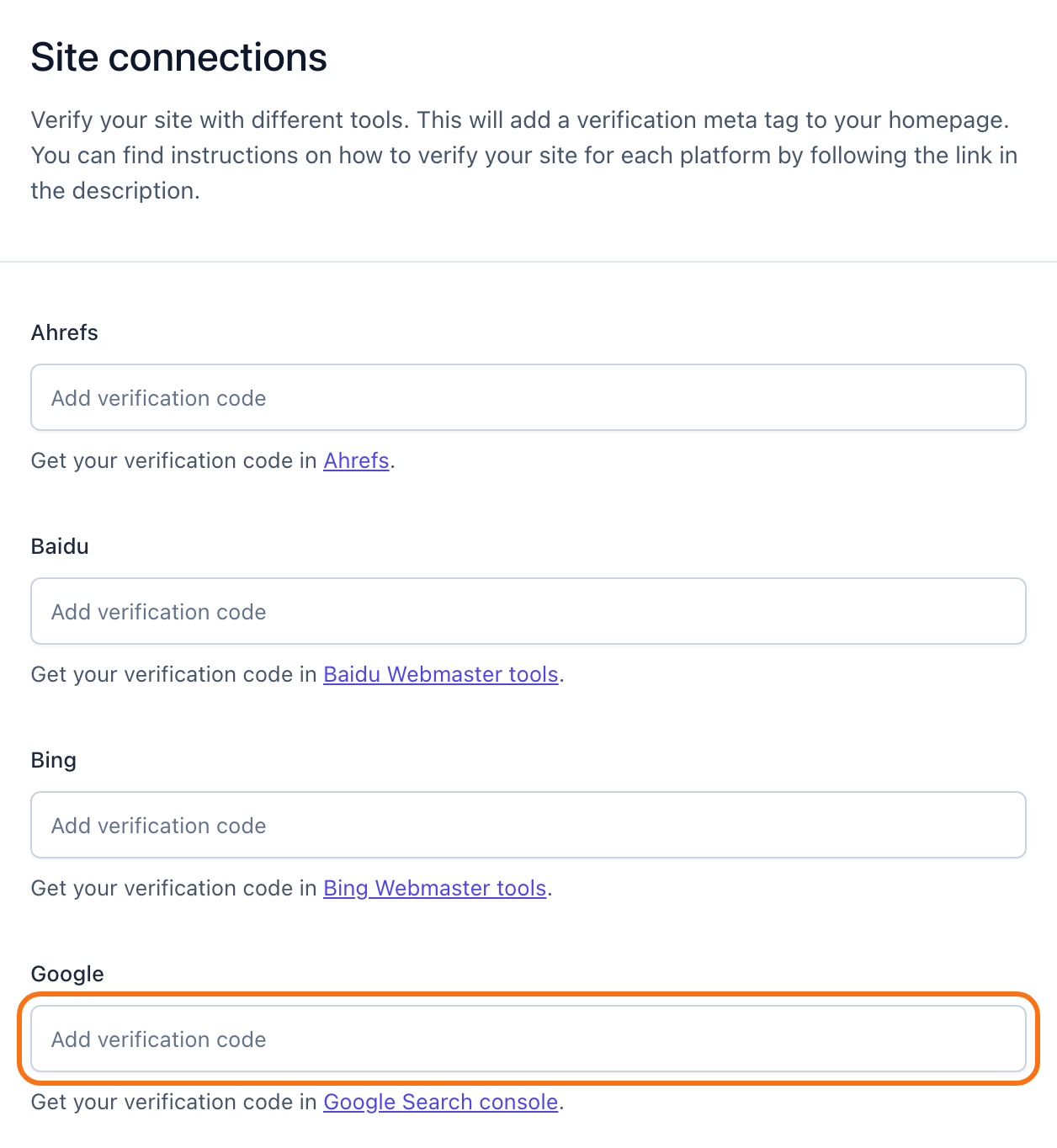 The Site connections page of Yoast SEO > Settings, with the Google verification code field outlined in orange