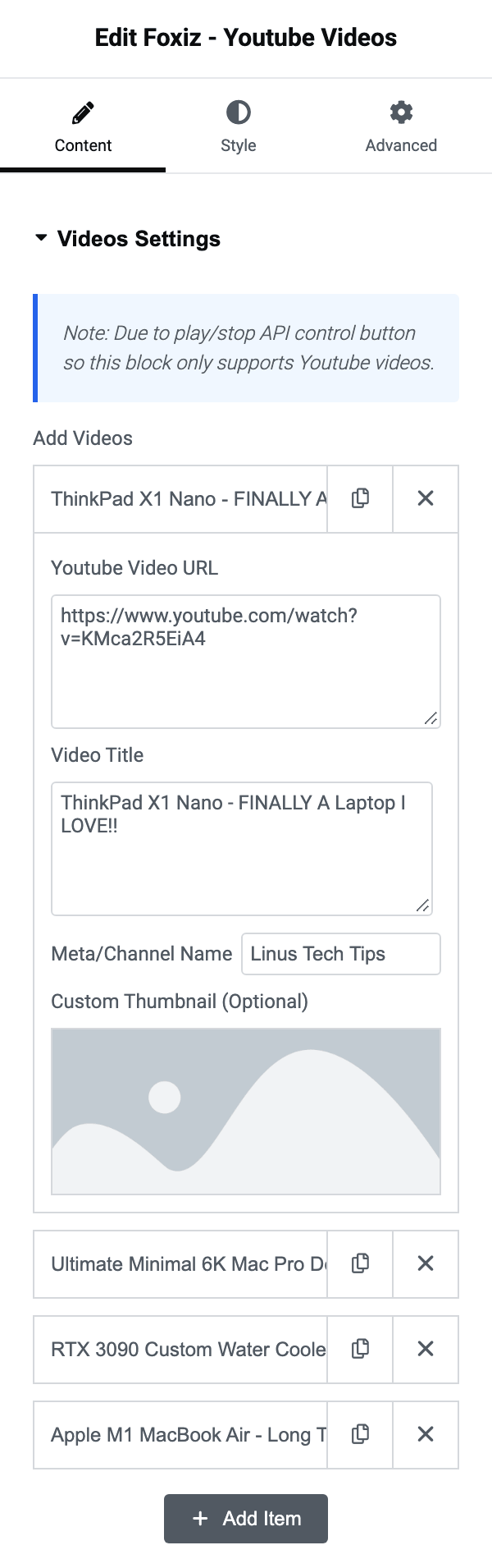 One video open in the Add Videos repeater, showing its Youtube Video URL, Video Title, Meta/Channel Name and optional custom thumbnail