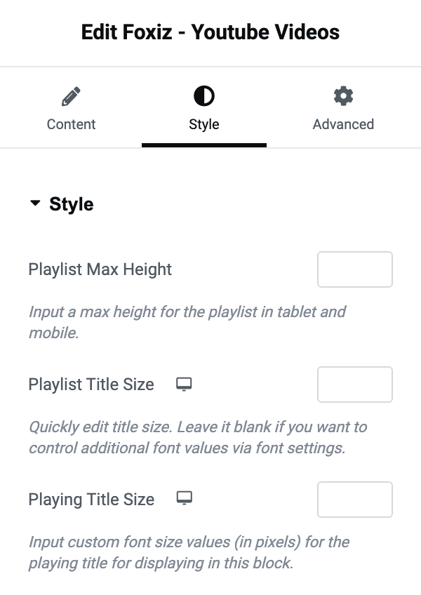The Style tab of Foxiz - Youtube Videos in Elementor: Playlist Max Height, Playlist Title Size and Playing Title Size