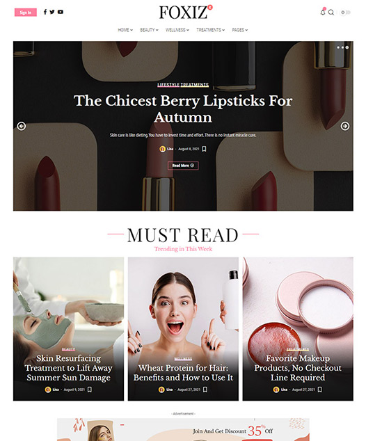 screenshot of foxiz demo Beauty, Skin Care