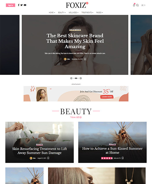 screenshot of foxiz demo Beauty, Skin Care