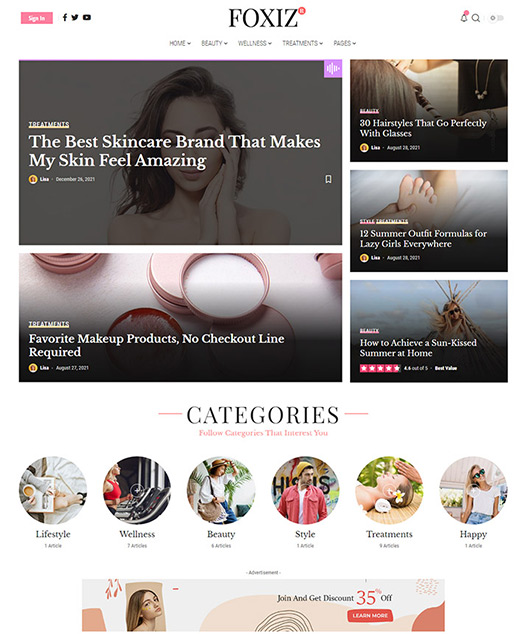 screenshot of foxiz demo Beauty, Skin Care