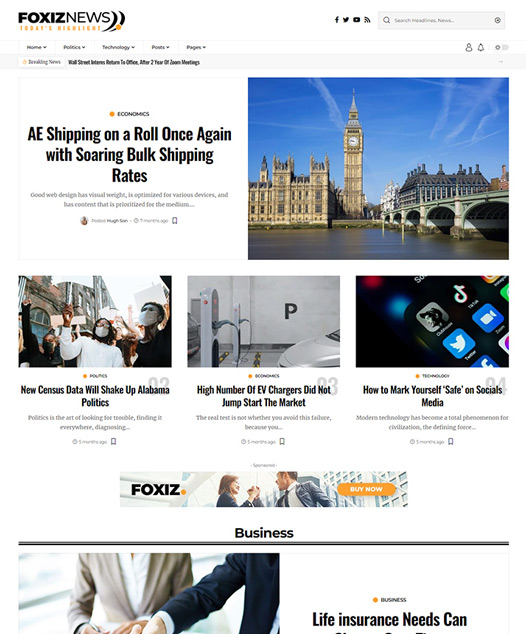 screenshot of foxiz demo Business, Market News