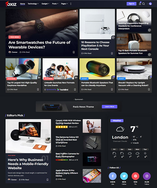 screenshot of foxiz demo Tech, Gadget & Reviews