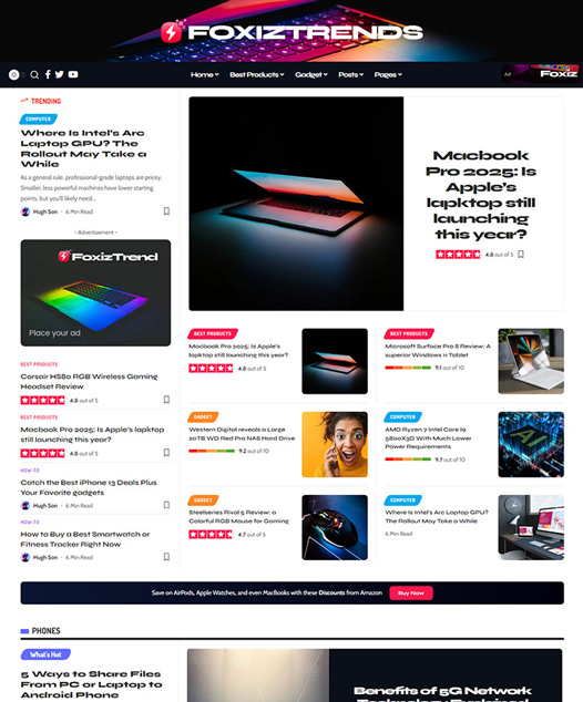 screenshot of foxiz demo Laptop & Phone Hardware