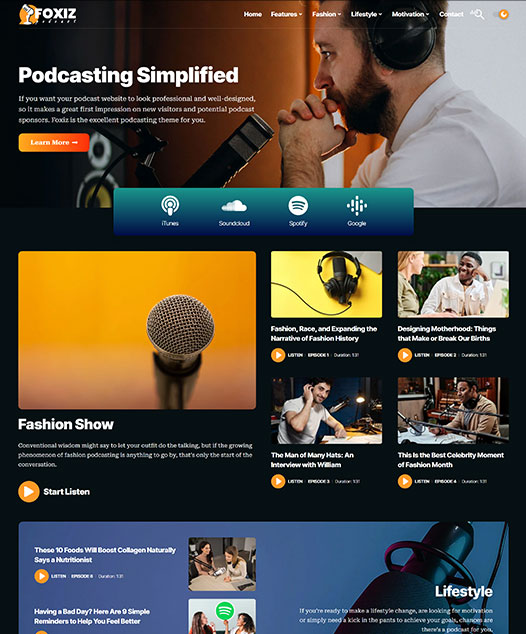 screenshot of foxiz demo Podcasts, Vlogs & Multimedia