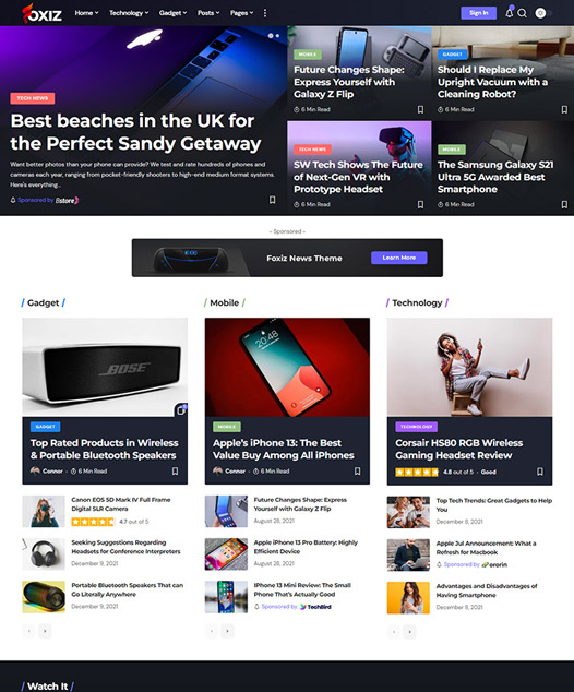screenshot of foxiz demo Tech, Gadget & Reviews