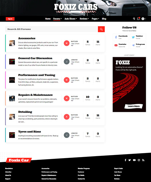 screenshot of foxiz demo Car Forum