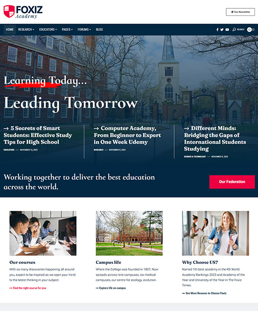 screenshot of foxiz demo Academy, University News