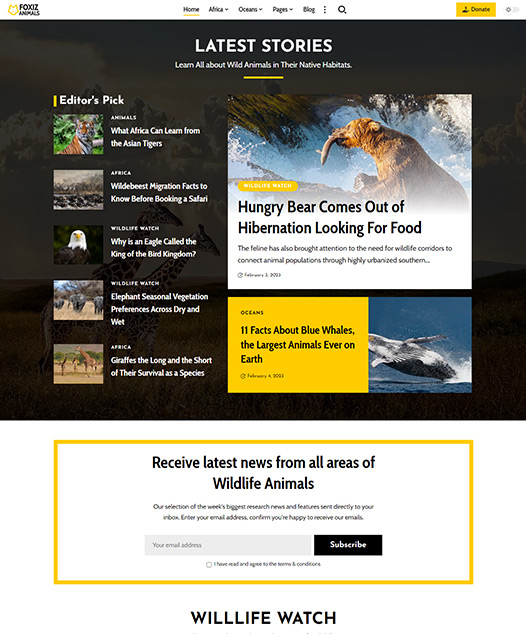 screenshot of foxiz demo Wildlife, Animals Magazine