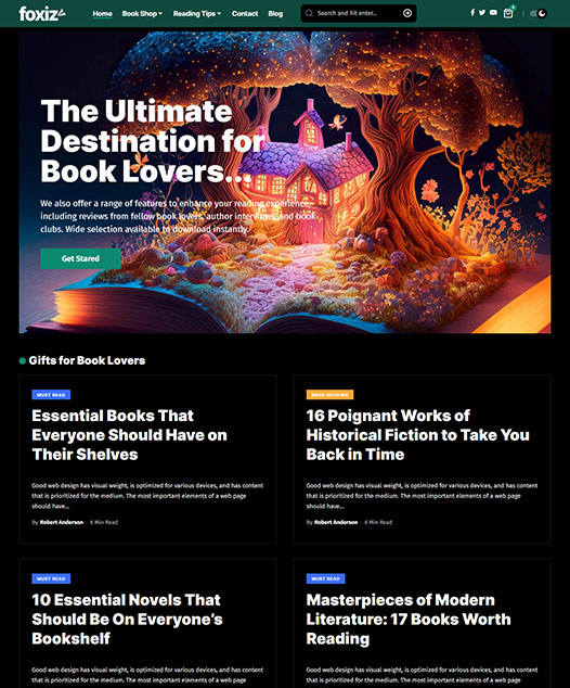 screenshot of foxiz demo Book, Comics Shop & Blog