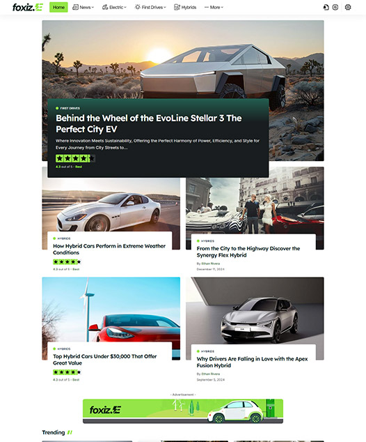 screenshot of foxiz demo Ev Car News & Review
